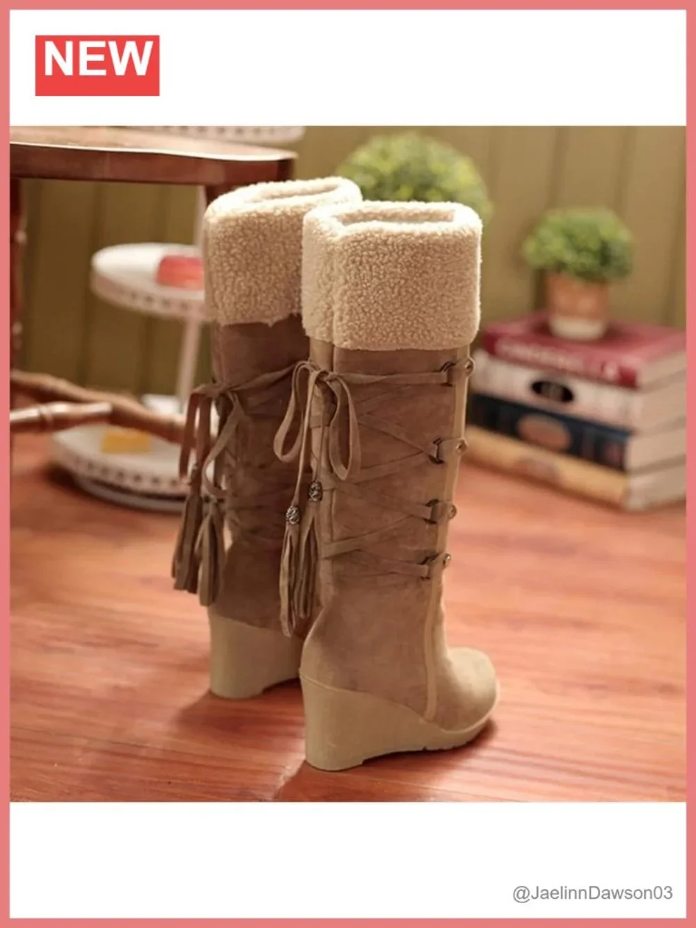 Fuzzy Collar Over the Knee Wedge Boots, Faux Fur Lined, Non-slip Snow Boots